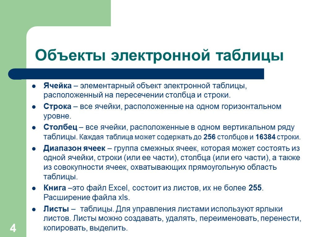 4 Объекты электронной таблицы Ячейка – элементарный объект электронной таблицы, расположенный на пересечении столбца